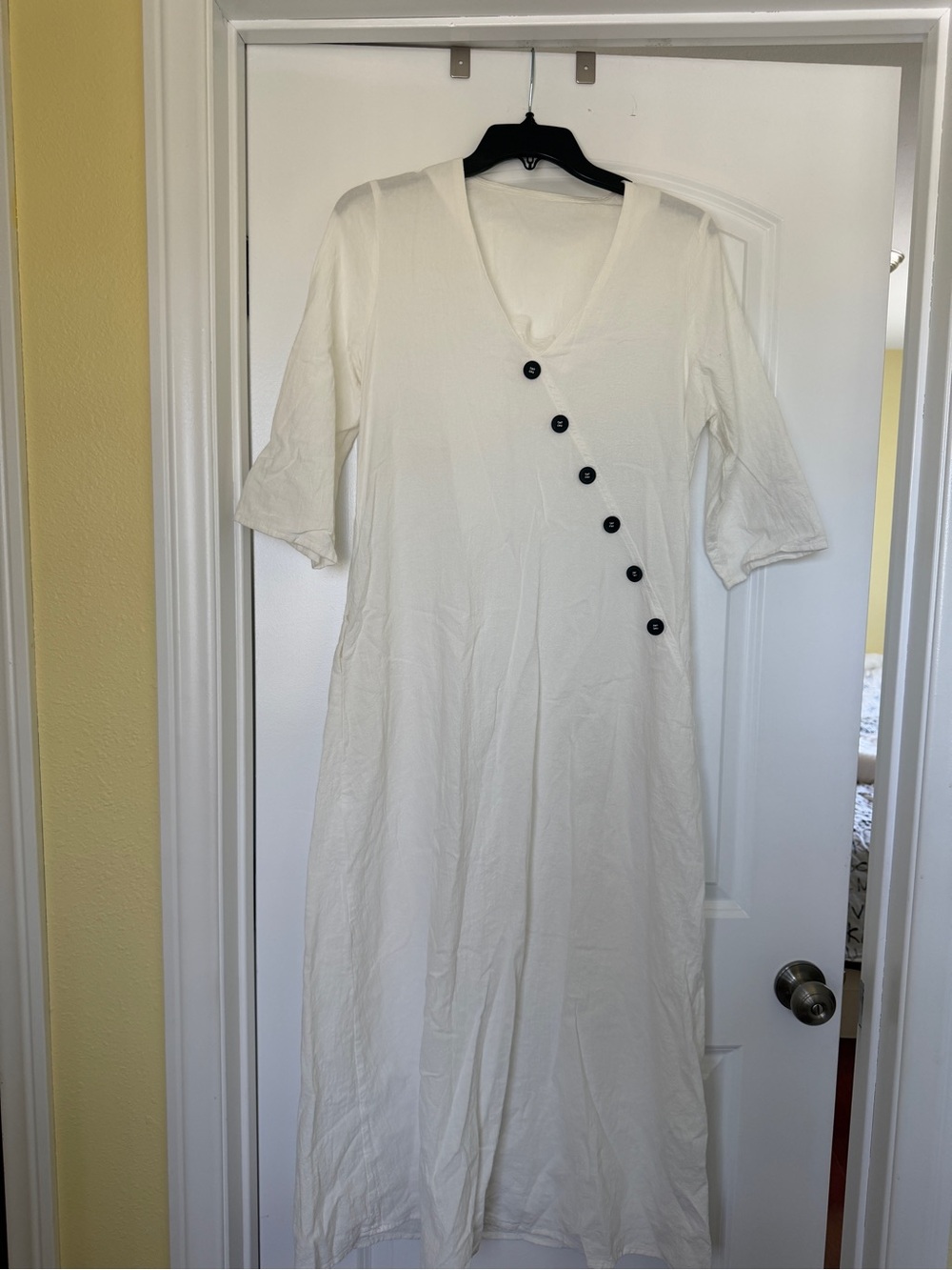 White V-Neck Button Accent Women’s Dress